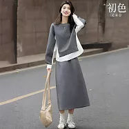 【初色】簡約休閒寬鬆修身假兩件圓領長袖上衣女上衣+鬆緊腰開岔半身裙中長裙套裝-共2色-16619(M-2XL可選) M 灰色