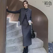 【初色】小香風純色圓領長袖上衣女上衣+圓領無袖單排釦背心女背心+素色中長裙套裝-深灰色-16621(M-XL可選) M 深灰色