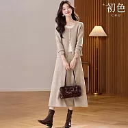 【初色】假兩件撞色圓領長袖針織衫上衣女上衣+純色鬆緊腰A字裙半身裙套裝-共4色-16526(F可選) F 米駝色