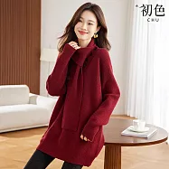 【初色】韓系慵懶純色軟糯寬鬆圍巾領中長款長袖毛衣上衣女上衣-共3色-16635(F可選) F 紅色