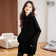 【初色】韓系慵懶純色軟糯寬鬆圍巾領中長款長袖毛衣上衣女上衣-共3色-16635(F可選) F 黑色