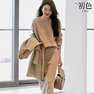 【初色】法式圓領縫線裝飾長袖針織毛衣+素色中長裙半身裙套裝-共3色-32515(F可選) F 卡其色