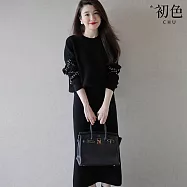 【初色】法式圓領縫線裝飾長袖針織毛衣+素色中長裙半身裙套裝-共3色-32515(F可選) F 黑色