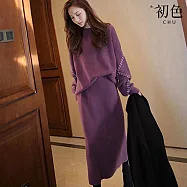 【初色】法式圓領縫線裝飾長袖針織毛衣+素色中長裙半身裙套裝-共3色-32515(F可選) F 紫色
