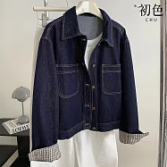 【初色】復古翻領長袖單排釦格紋拼接水洗牛仔外套女外套-深藍色-16673(M-XL可選) M 深藍色