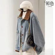 【初色】休閒簡約寬鬆酷帥燈芯絨拼接撞色排扣翻領長袖牛仔外套女外套-藍色-16647(M-XL可選) M 藍色