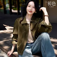 【初色】復古老錢風純色翻領七分袖單排釦雙口袋麂皮夾克外套女外套-共2色-16628(M-2XL可選) M 綠色