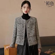 【初色】小香風輕奢時尚純色重工編織單排釦圓領長袖粗花呢外套女外套-灰色-16630(M-2XL可選) 2XL 灰色