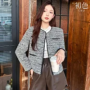 【初色】簡約休閒小香風輕奢高雅排釦圓領長袖開衫外套女外套-灰色-16631(M-2XL可選) M 灰色