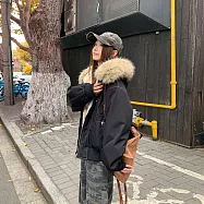 【MsMore】 美式復古座山雕派克加厚仿兔毛工裝外套# 126698 L 黑色