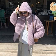 【MsMore】 輕薄泡芙菱格連帽寬鬆顯瘦保暖棉衣外套# 126700 L 紫色