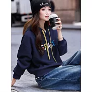 【MsMore】 寬鬆休閒連帽字母刺繡長袖T上衣# 126715 2XL 藏青色