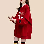 【MsMore】 貝貝絨加绒加厚假兩件半高領T寬鬆中長上衣# 126724 L 紅色