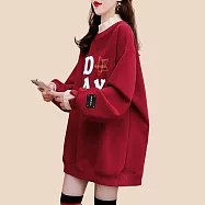 【MsMore】 貝貝絨加绒加厚假兩件半高領T寬鬆中長上衣# 126724 M 酒紅色