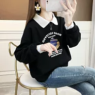 【MsMore】 加绒加厚polo領撞色印花T華棉上衣# 126725 2XL 黑色