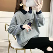 【MsMore】 加绒加厚polo領撞色印花T華棉上衣# 126725 M 灰色