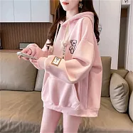 【MsMore】 加絨連帽T刺繡小熊保暖中長上衣# 126727 L 玫紅色