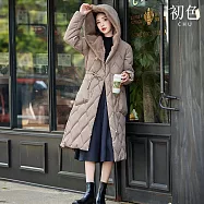 【初色】休閒寬鬆保暖菱格紋顯瘦收腰縮繩毛帽連帽拉鍊扣長袖羽絨大衣外套女外套-共5色-16589(M-3XL可選) XL 卡其色
