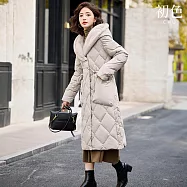 【初色】休閒寬鬆保暖菱格紋顯瘦收腰縮繩毛帽連帽拉鍊扣長袖羽絨大衣外套女外套-共5色-16589(M-3XL可選) L 米白色