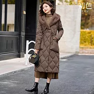 【初色】休閒寬鬆保暖菱格紋顯瘦收腰縮繩毛帽連帽拉鍊扣長袖羽絨大衣外套女外套-共5色-16589(M-3XL可選) M 咖色