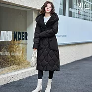 【初色】休閒寬鬆保暖菱格紋顯瘦收腰縮繩毛帽連帽拉鍊扣長袖羽絨大衣外套女外套-共5色-16589(M-3XL可選) 3XL 黑色