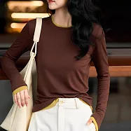 【MsMore】 疊色交響棉混紡拼色圓領長袖T恤內搭上衣# 126609 XL 棕色