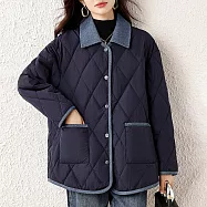 【MsMore】 大碼撞色拼接菱格保暖寬鬆襯衫棉服外套# 126641 M 藏青色