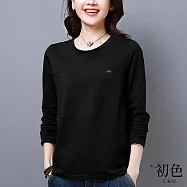 【初色】簡約純色圓領拼接帽子刺繡長袖T恤上衣女上衣-共5色-32228(M-2XL可選) XL 黑色