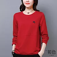 【初色】簡約純色圓領拼接帽子刺繡長袖T恤上衣女上衣-共5色-32228(M-2XL可選) XL 紅色