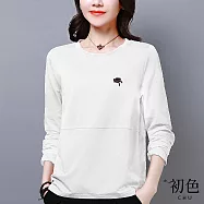 【初色】簡約純色圓領拼接帽子刺繡長袖T恤上衣女上衣-共5色-32228(M-2XL可選) L 白色