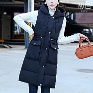 【初色】休閒保暖中長款純色單排釦大口袋坎肩連帽無袖羽絨棉馬甲背心外套女外套-共5色-16591(M-XL可選) L 黑色