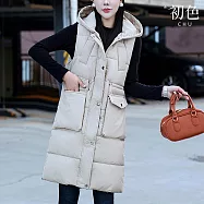 【初色】休閒保暖中長款純色單排釦大口袋坎肩連帽無袖羽絨棉馬甲背心外套女外套-共5色-16591(M-XL可選) L 淺卡其色