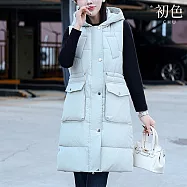【初色】休閒保暖中長款純色單排釦大口袋坎肩連帽無袖羽絨棉馬甲背心外套女外套-共5色-16591(M-XL可選) XL 乳白色