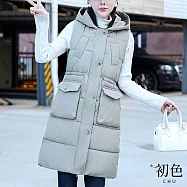 【初色】休閒保暖中長款純色單排釦大口袋坎肩連帽無袖羽絨棉馬甲背心外套女外套-共5色-16591(M-XL可選) M 淺綠色