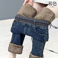 【初色】通勤風加絨提臀顯瘦高腰鬆緊腰牛仔褲直筒喇叭褲休閒褲寬褲長褲-共2款-16038(M-5XL可選) M 深藍色長褲加絨款
