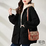 【初色】大碼寬鬆拼接大口袋加厚保暖抽繩連帽外套-共2色-65161(M-2XL可選) XL 黑色