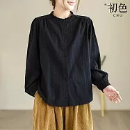 【初色】文藝復古風寬鬆純色拼接刺繡單排釦木耳邊立領長袖襯衫上衣女上衣-共2色-16438(M-2XL可選) 2XL 黑色