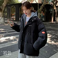 【初色】韓系假兩件保暖連帽抽繩拉鍊雙口袋長袖羽絨外套女外套-共4色-16610(M-2XL可選) M 黑色