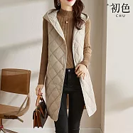 【初色】簡約休閒保暖禦寒雅致菱格紋連帽排扣無袖羽絨背心外套女外套-共3色-16536(M-2XL可選) M 杏色