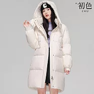 【初色】韓版簡約寬鬆顯瘦過膝長款連帽長袖保暖加厚羽絨外套女外套-共3色-16540(M/L可選) M 米白色