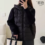 【初色】甜美風休閒保暖寬鬆厚款純色拼接連帽長袖針織羽絨外套女外套-共4色-16542(S/M可選) M 黑色