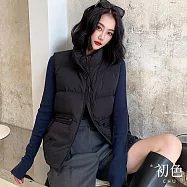 【初色】休閒簡約寬鬆保暖禦寒大口袋拉鍊式立領無袖羽絨外套馬甲背心女背心-共3色-16539(S-M可選) M 黑色