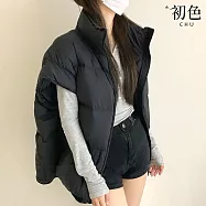 【初色】純色保暖禦寒防風立領無袖寬鬆大版型鵝絨羽絨外套馬甲背心女背心-共5色-16547(F可選) F 黑色