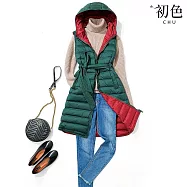 【初色】撞色無袖雙口袋拉鍊收腰綁帶羽絨連帽馬甲背心女背心-共4色-16530(M-2XL可選) M 綠配紅色