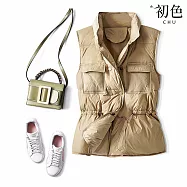 【初色】韓版修身收腰純色抽繩胸口袋雙排釦立領無袖羽絨馬甲背心女背心-共4色-16548(M/L可選) M 卡其色