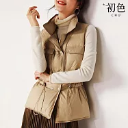 【初色】韓版修身收腰純色抽繩胸口袋雙排釦立領無袖羽絨馬甲背心女背心-共4色-16548(M/L可選) M 卡其色