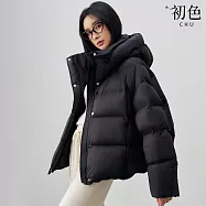 【初色】純色連帽拉鍊排扣長袖寬鬆保暖禦寒防風鵝絨羽絨外套女外套-共2色-16550(S/M可選) M 黑色