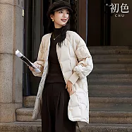 【初色】通勤風中長款厚款寬鬆保暖純色單排釦圓領長袖羽絨外套女外套-共3色-16551(S/M可選) M 米白色