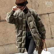 【初色】通勤風中長款厚款寬鬆保暖純色單排釦圓領長袖羽絨外套女外套-共3色-16551(S/M可選) M 軍綠色