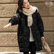 【初色】通勤風中長款厚款寬鬆保暖純色單排釦圓領長袖羽絨外套女外套-共3色-16551(S/M可選) S 黑色